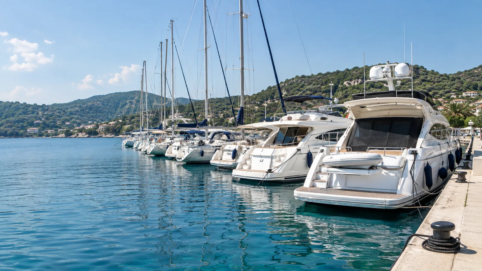 Motor yachts and sailing yachts moored along the quay of a Greek marina