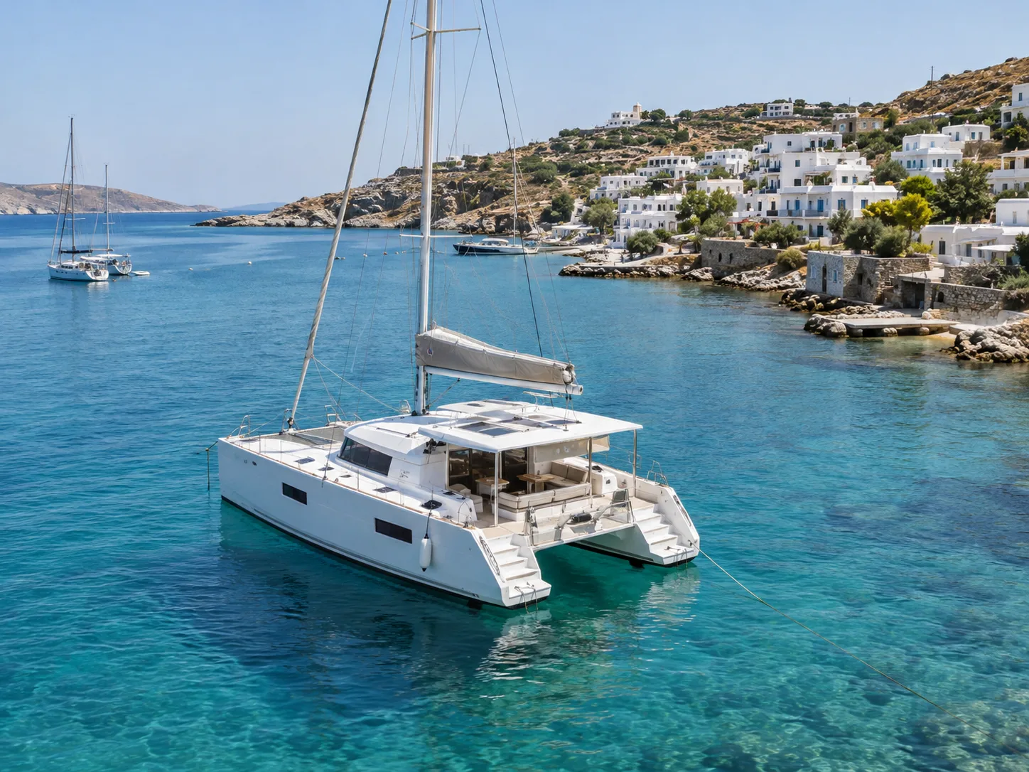White sailing catamaran at anchor in a turquoise bay