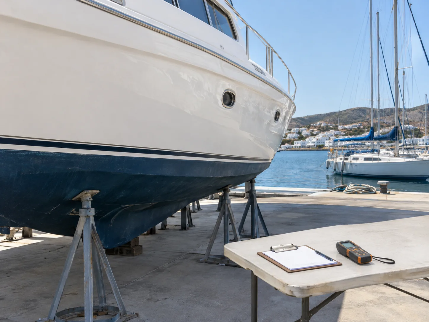 Motor yacht on boat stands in a boatyard, clipboard and moisture meter on a table beside the hull